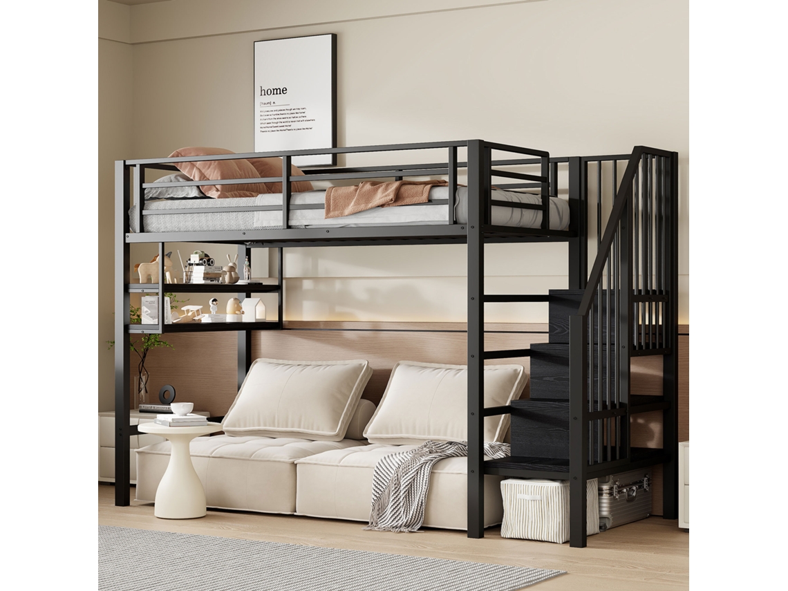 Cama Alta, 90*200cm, Com Prateleiras, Escada Para Armazenamento, Espaixo Da Cama Para Guardar Roupas, Grau de Proteção, Sem Colchão.