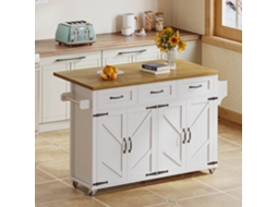 Ilha Cozinha Bancada Dobrável 5 Rodízios 4 Portas 3 Gavetas Celeiro Branca 140x70x91cm