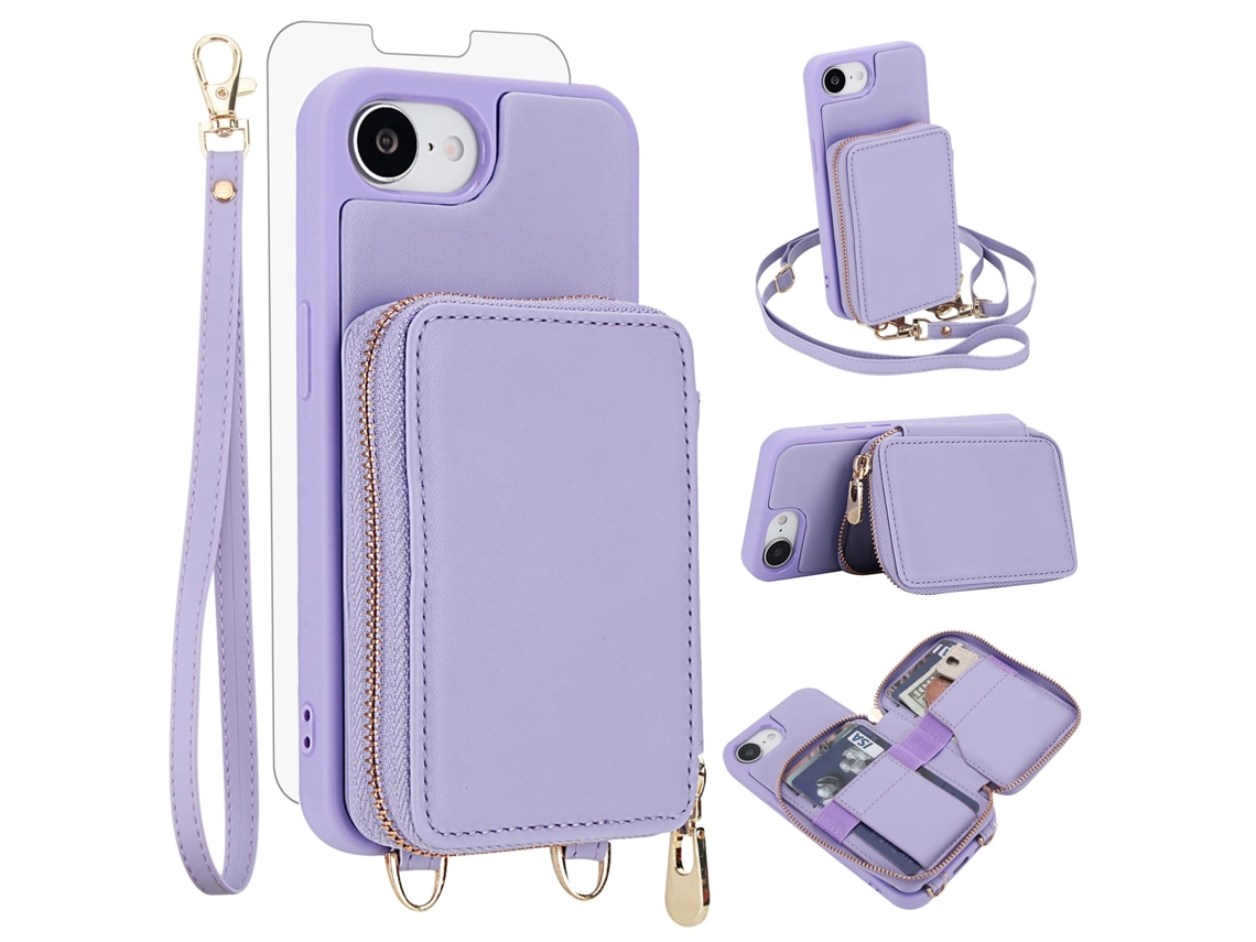 Capa Carteira Para Celular Em Couro Pu+tpu Com Protetor De Tela Para Iphone 16e (6,1 Polegadas) - Roxa
