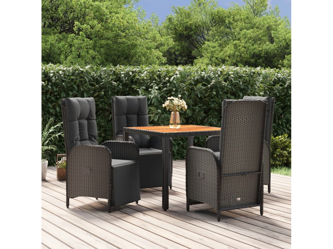 Vidaxl 5 Pcs Conjunto De Jantar P/ Jardim C/ Almofadões Vime Pe Preto