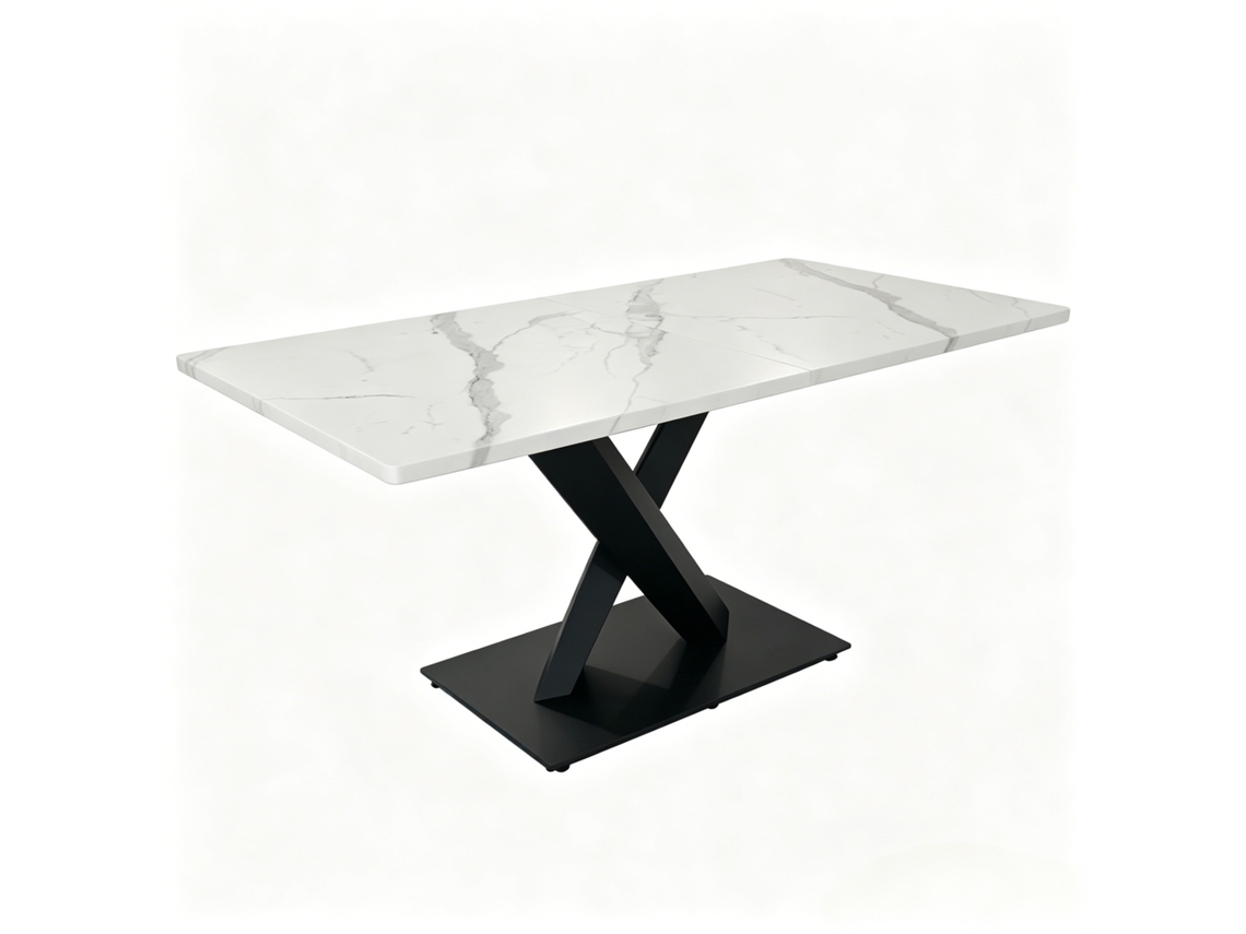 Mesa De Jantar Retangular Moderna Para 6 A 8 Pessoas Em Branco Com Base De Metal Preto E Design De Mármore Elegante.