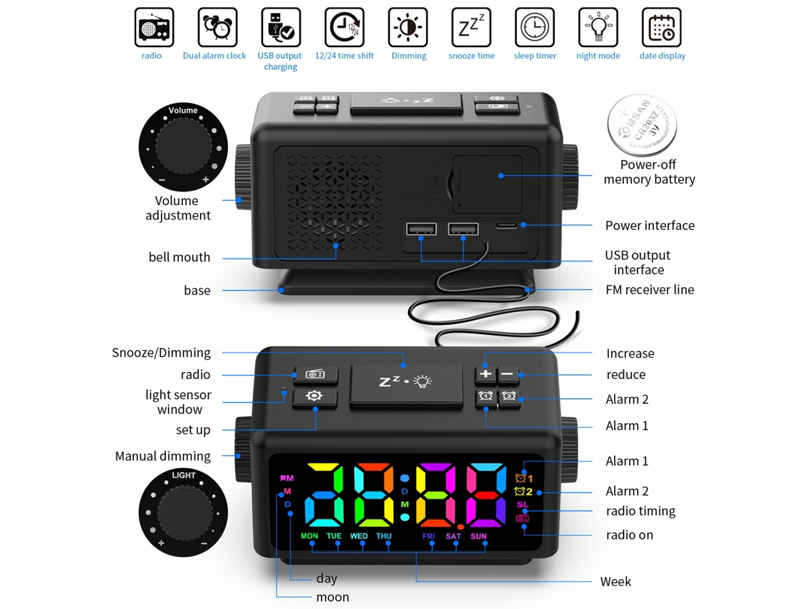 Relógio Despertador Digital RGB com Rádio FM, Soneca, Visor RGB Dinâmico 12/24h, USB Casa Escritório MDUG