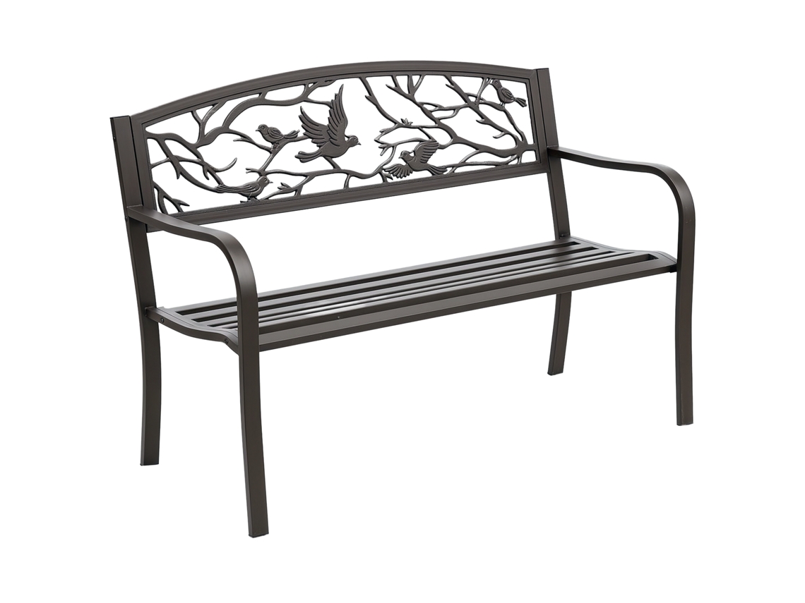 Banco de jardim de aço com apoio para os braços e encosto decorativo, 127x60x85cm, marrom escuro BTFORUS