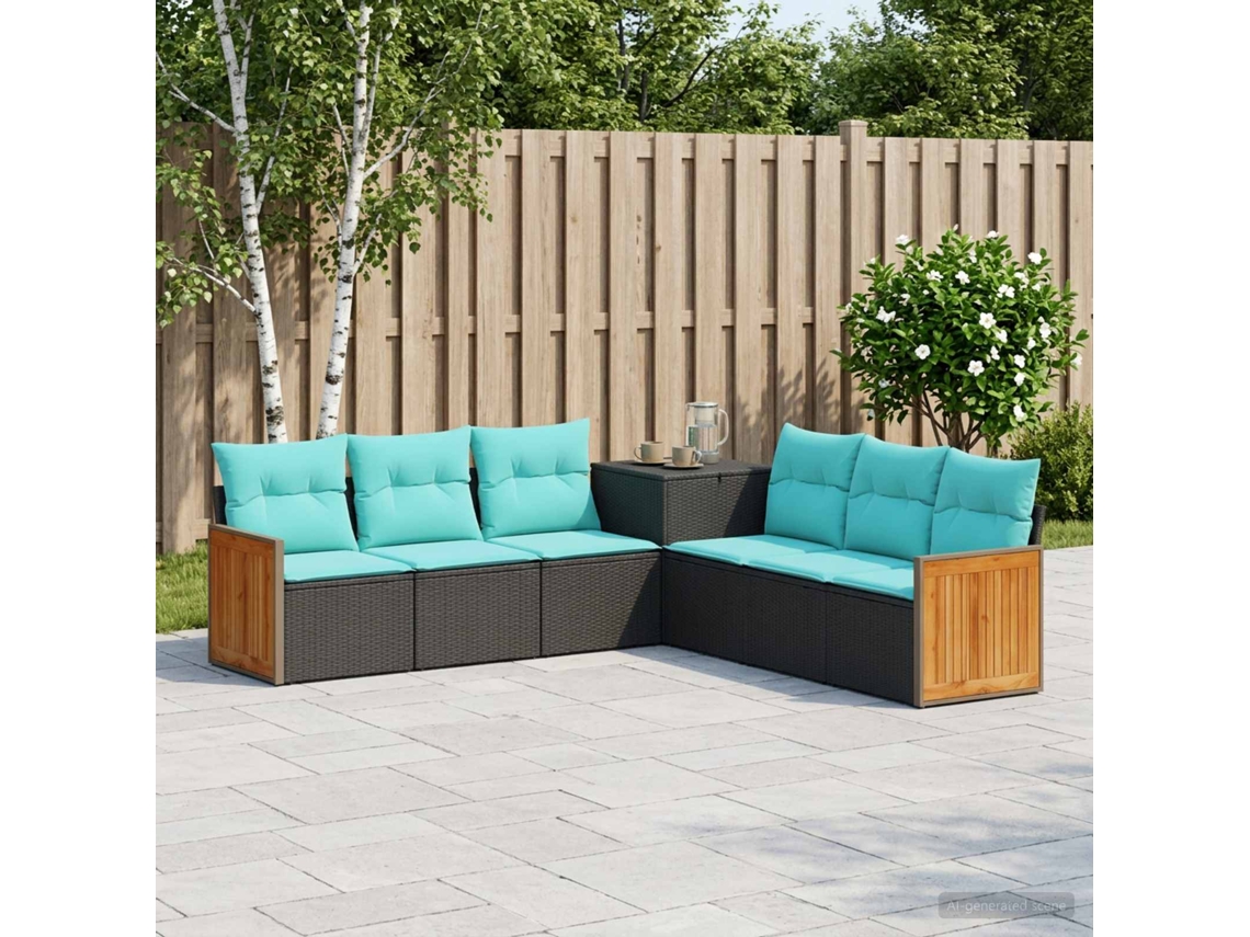 Vidaxl Conjunto De Sofás 7 Unid. Preto E Azul Rattan Poliéster E Aço