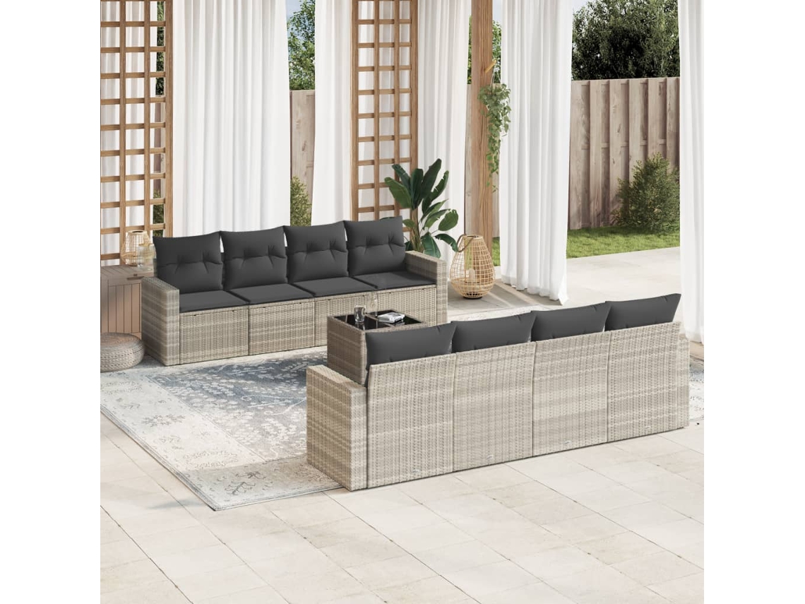 Vidaxl 9 Pcs Conj. Sofás Jardim Com Almofadões Vime Pe Cinzento-claro