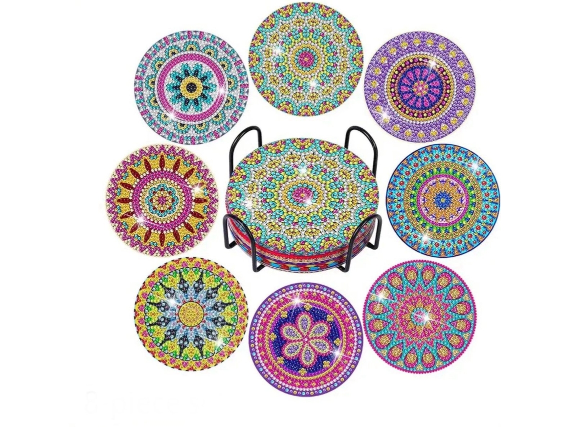 Conjunto de 8 Porta copos AQUAFORGE para pintura diamante com padrão mandala suporte e strass (10 cm)