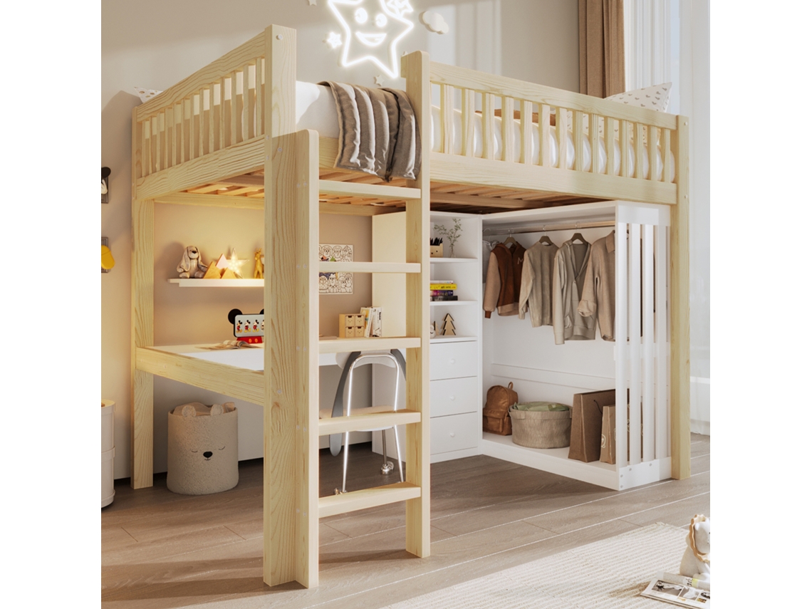 Cama Alta Infantil 140x200 Cm Escrivaninha Roupeiro Gavetas Escada Arrumação