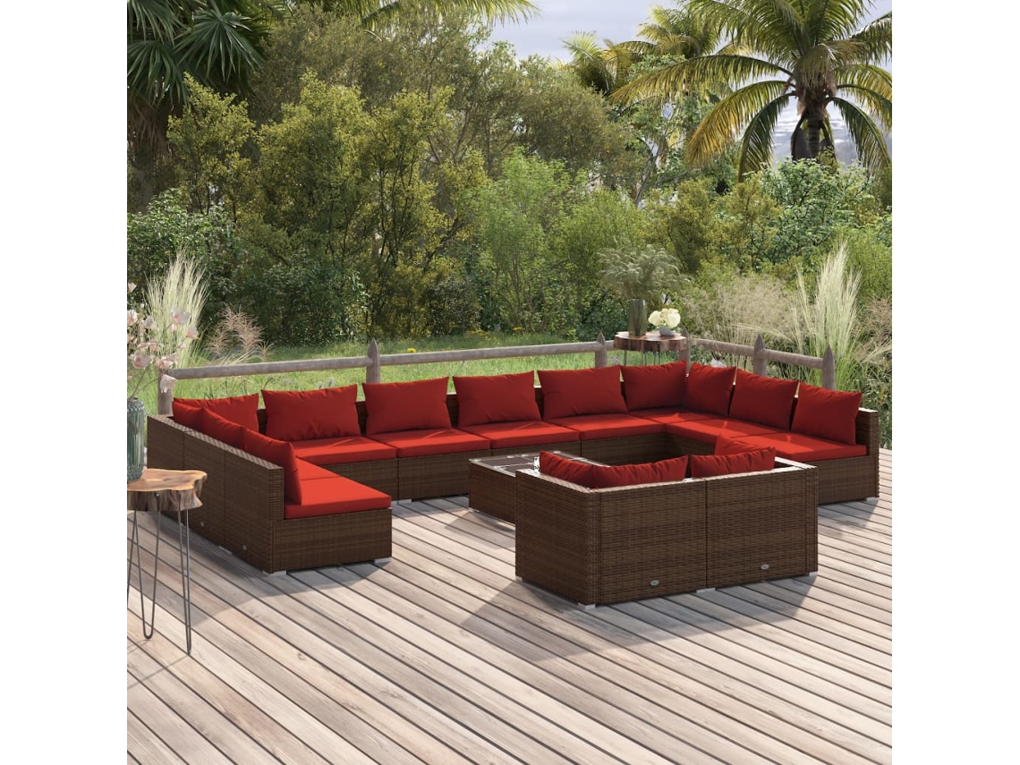 Vidaxl 13 Pcs Conjunto Lounge Jardim C/ Almofadões Vime Pe Castanho