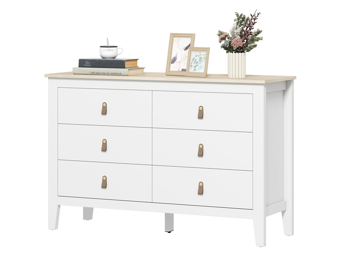 Cómoda De 6 Gavetas Para Dormitório Com Puxadores De Pu 120x40x78 Cm Branco