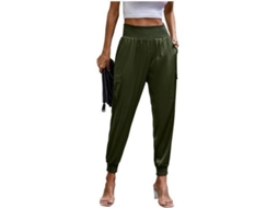 Calça Jogger Feminina de Seda 2026, Casual, Cintura Alta, com Bolsos, Luxo, Tamanho M, Verde Militar