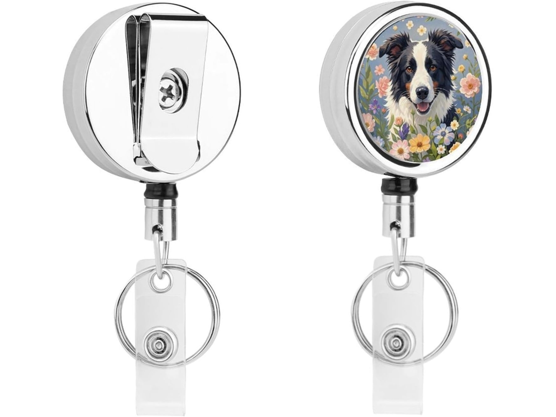 Porta Crachá Retrátil Compacto E Leve Em Metal Com Estampa Floral De Border Collie, Clipe E Chaveiro Ideal Para