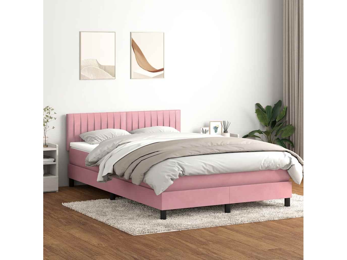Cama Box Spring Com Colchão 160x210 Cm Veludo Rosa