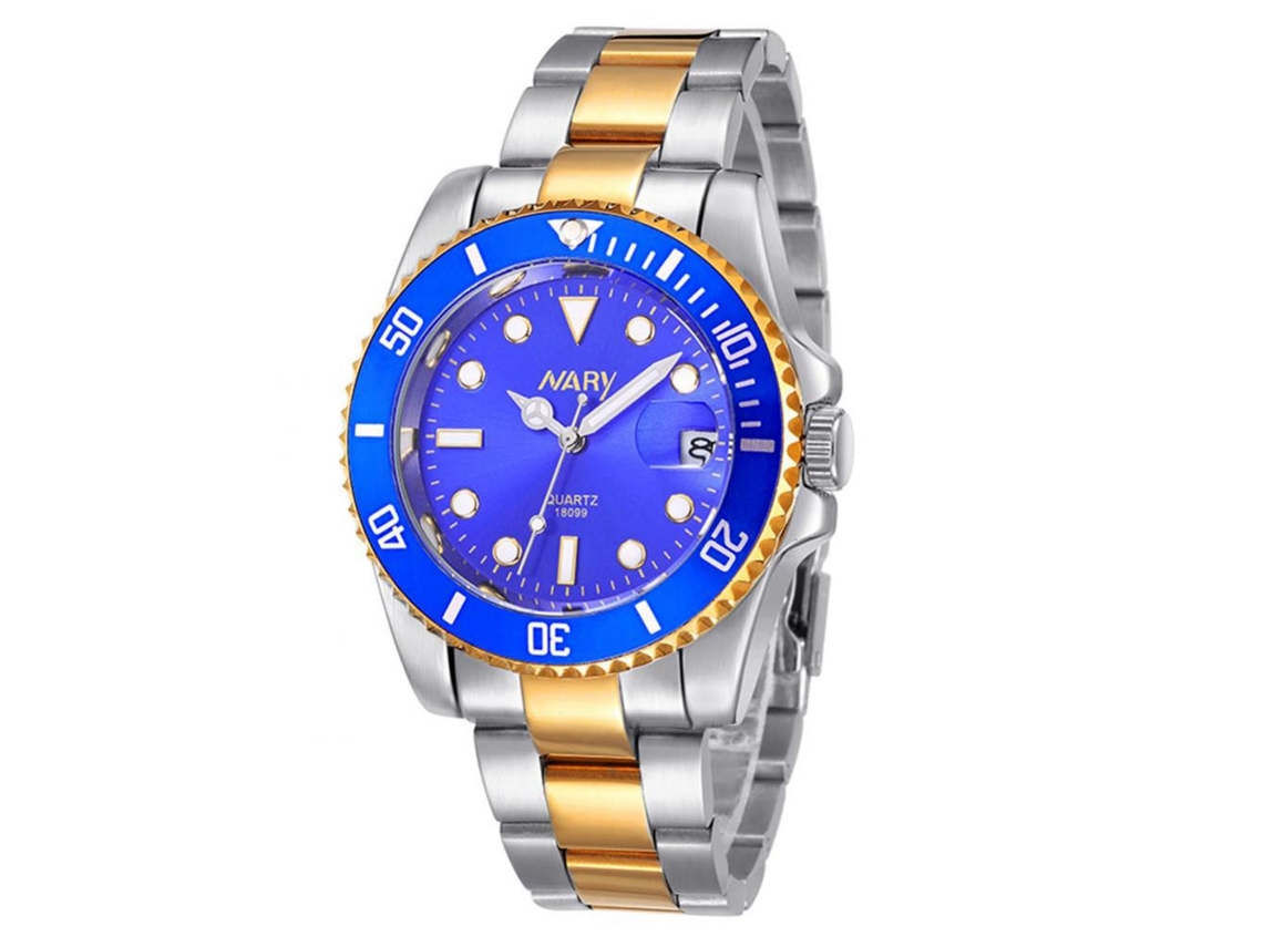 Reloj De Pulsera Para Hombre Nary 18099 Acero Redondo Dial Oro Y Azul Cuarzo
