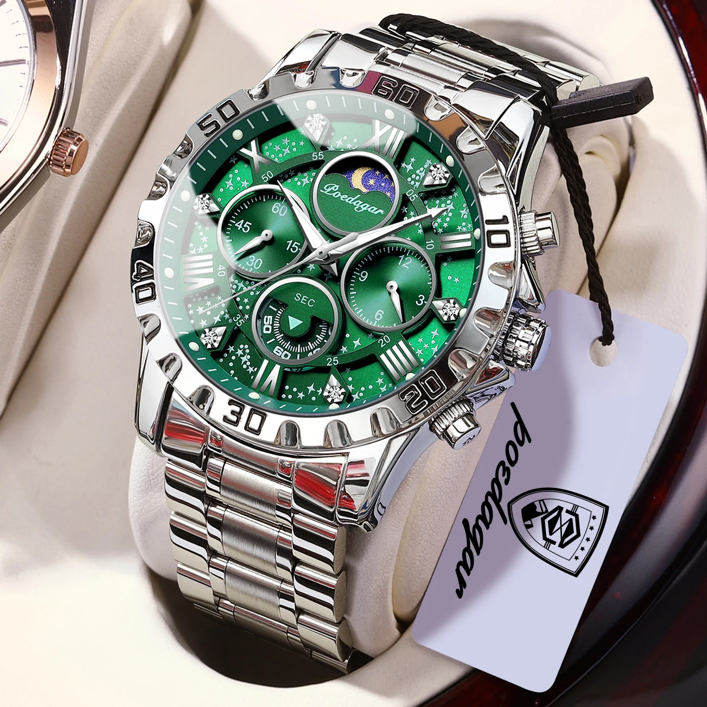 Relógio masculino clássico (roxo e verde) com cronógrafo luminoso, ideal para negócios, à prova d'água e com movimento de quartzo.
