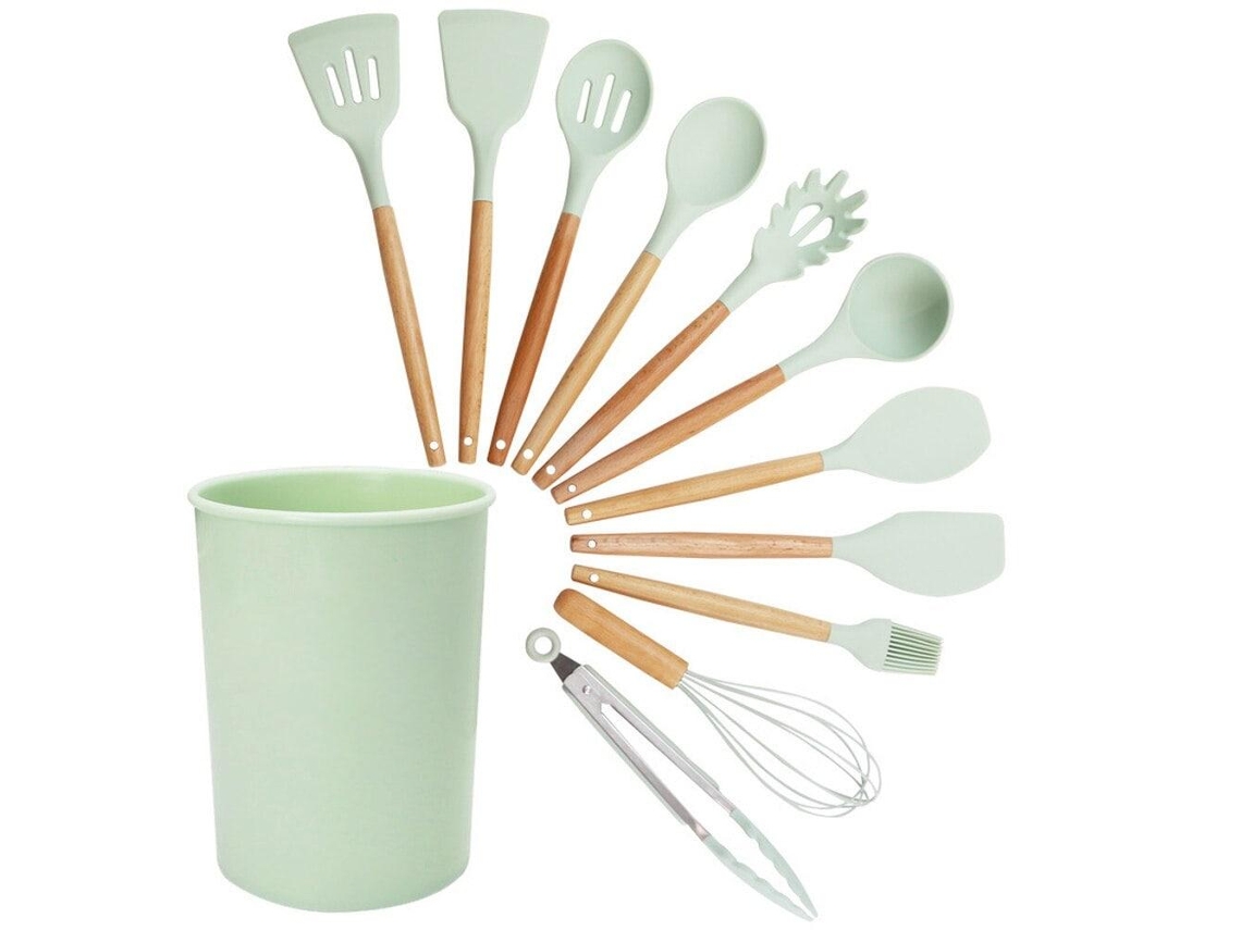 11X Utensílios de Cozinha em Silicone com Suporte Turquesa