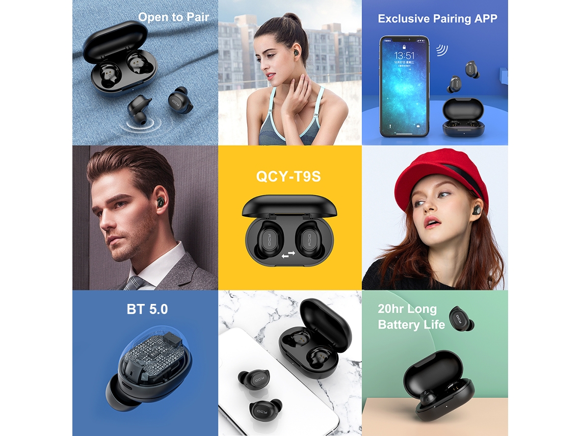 Fones de Ouvido Bluetooth True Wireless Produto Tomtop Qcy T9s EOOCOO (bluetooth 5.0 com Microfone para Chamadas Binaurais)