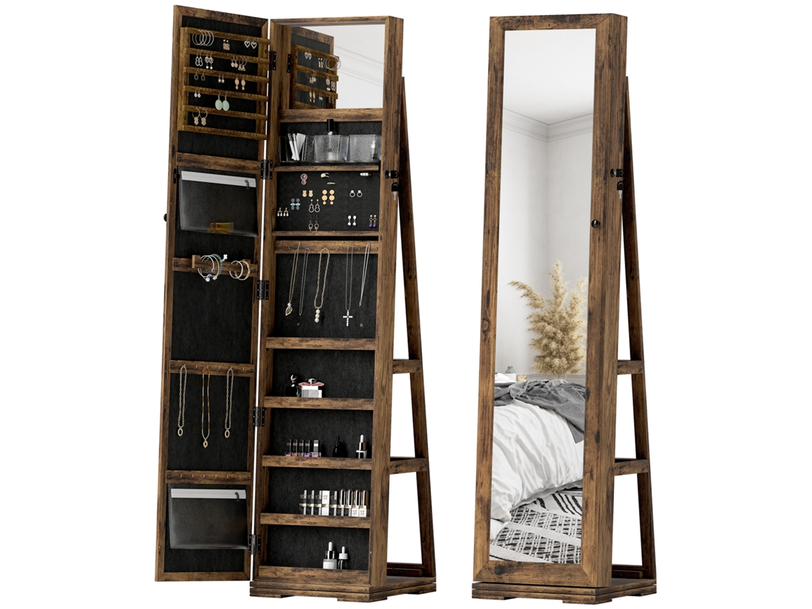 Joalheiro de Pé Mdf e Vidro Cor Castanho Rústico 38x38x160 cm Homcom