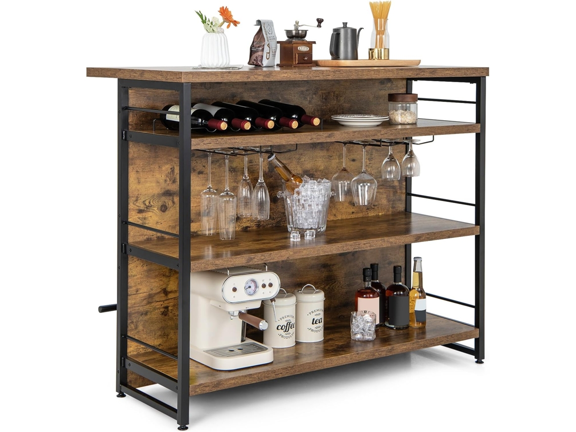 Mesa de Bar de Cozinha Alta Armário de Bar de Licor de 4 Níveis com 3 Prateleiras Abertas Prateleiras para Vinho e Vidro COSTWAY