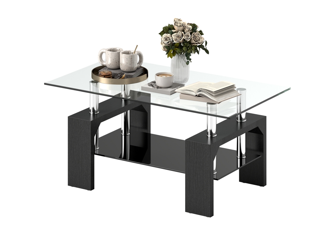 Mesa De Centro Moderna De 2 Andares Com Tampo De Vidro Temperado, Madeira E Aço Preta, 90x50x42 Centímetros