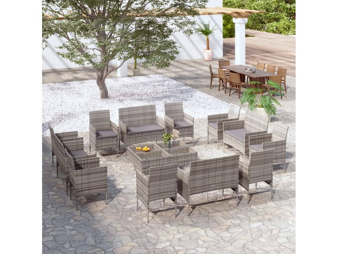 Vidaxl 16 Pcs Conjunto Lounge De Jardim C/ Almofadões Vime Pe Cinzento