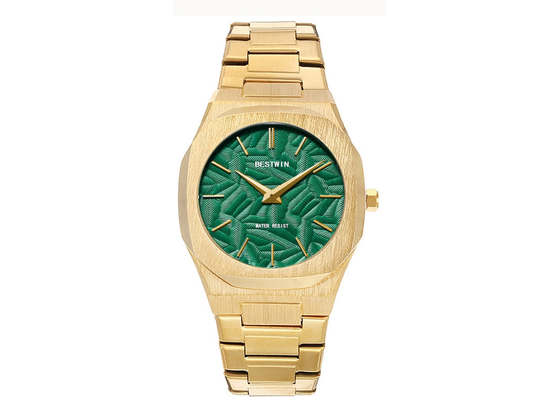 Relógio de Quartzo MDUG com Folhas em Relevo Dourado e Verde