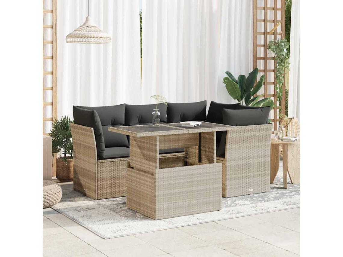 Vidaxl 5 Pcs Conj. Sofás Jardim C/ Almofadões Vime Pe Cinzento-claro