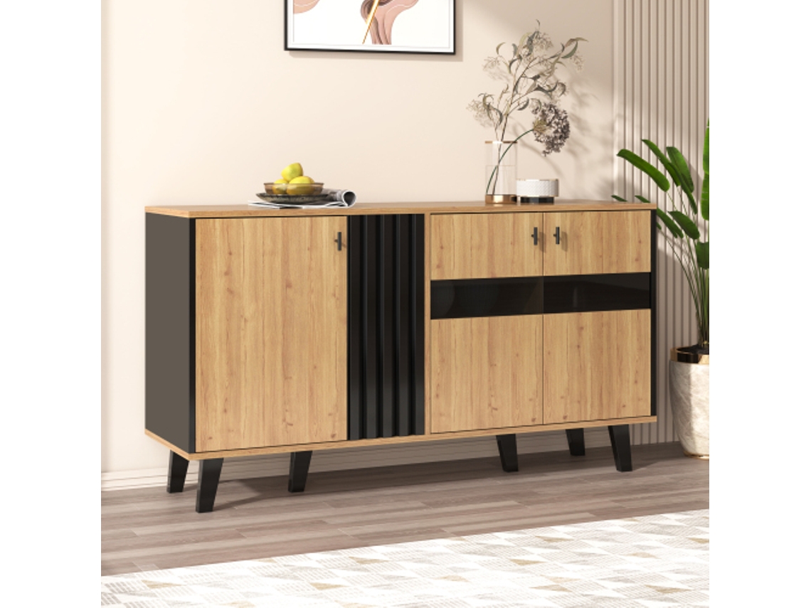 Sideboard Moderno 140x78,5x41 Cm Em Madeira E Preto Com Armazenamento, Portas De Vidro E Luz Led, Design Versátil Para Sala De Estar Quenty