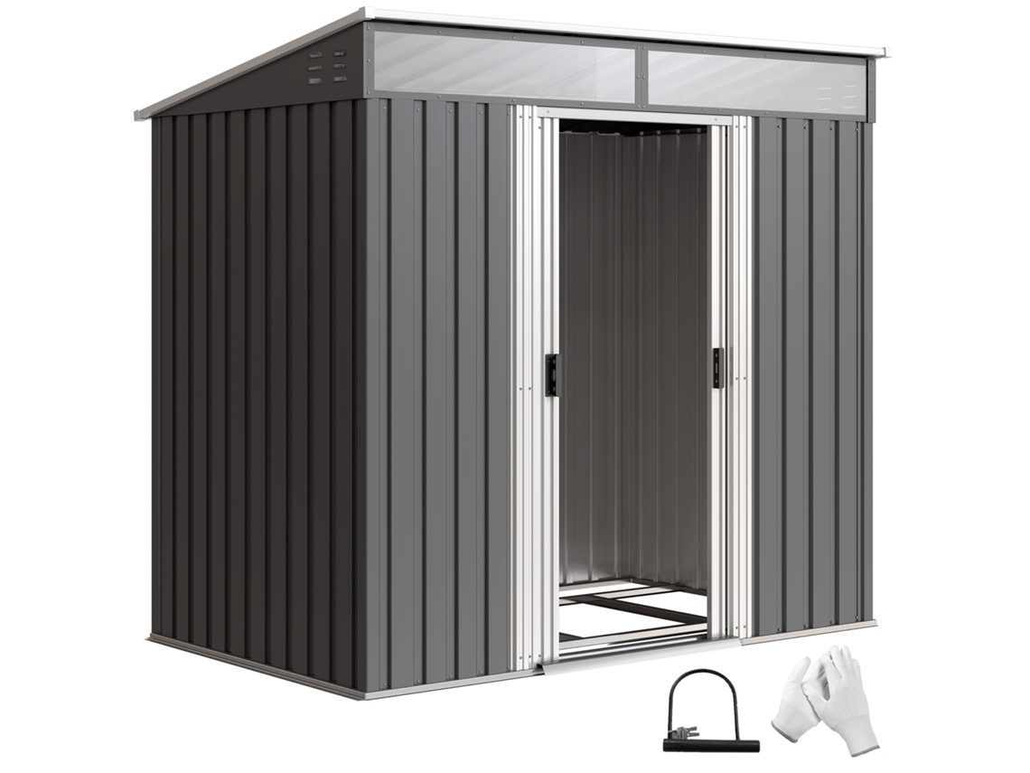 Casa de Jardim com 4 janelas e 2 ganchos em aço zincado 195x122x181,5cm cinza BTFORUS