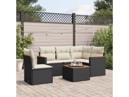 6 Pcs Conjunto de Móveis de Jardim - Conjunto Sofás de Jardim C/ Almofadões Vime Pe Preto HARLANV1