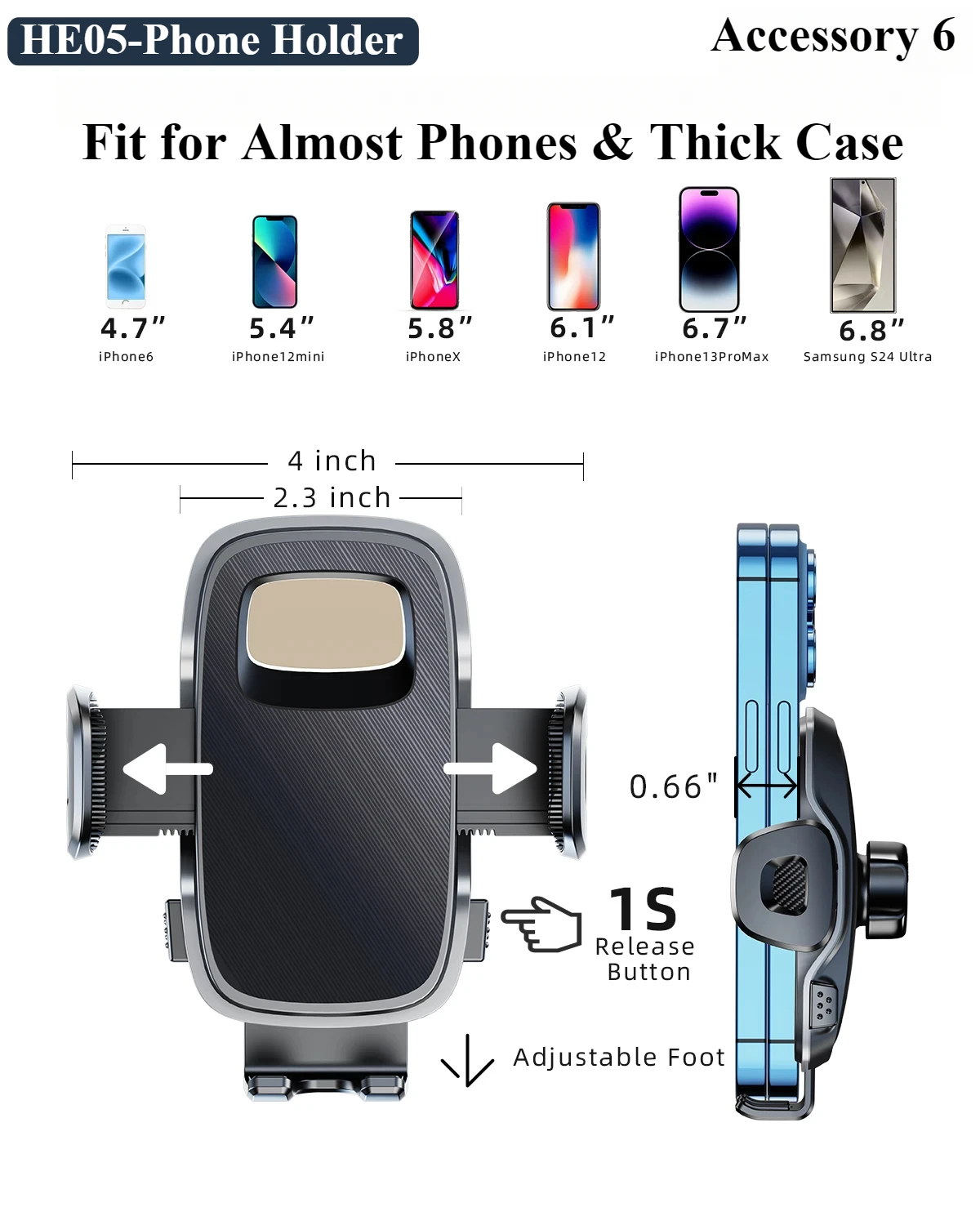 Suporte Universal Para Celular No Painel Do Carro Hipacool, Ajustável De 4,7 A 7,2 Polegadas, Acessório 6