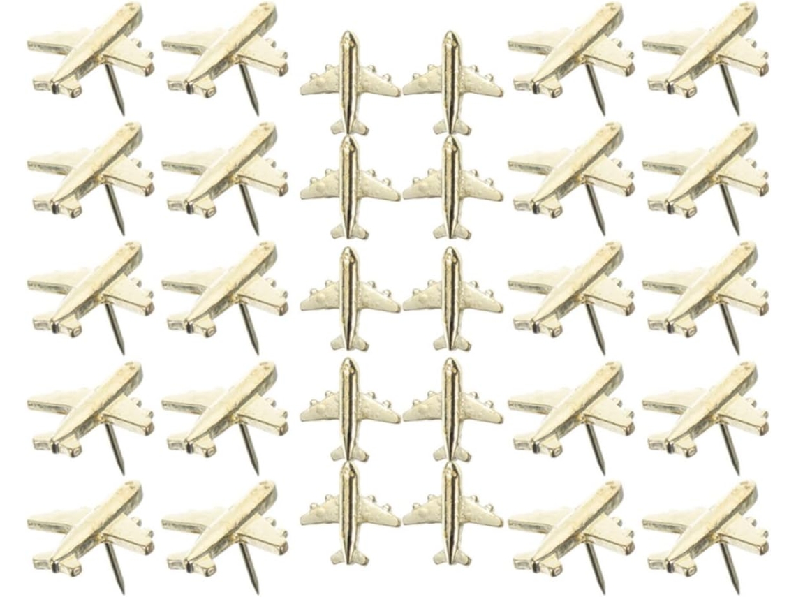 Conjunto De 30 Tachinhas Metal Douradas Em Formato Avião Para Mapas