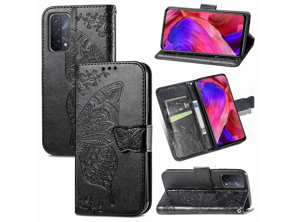 Capa De Couro Com Aba Horizontal, Estampa De Borboleta E Flor Em Relevo Para Oppo A93, Com Suporte, Compartimento Para Cartão, Carteira E Cordão.