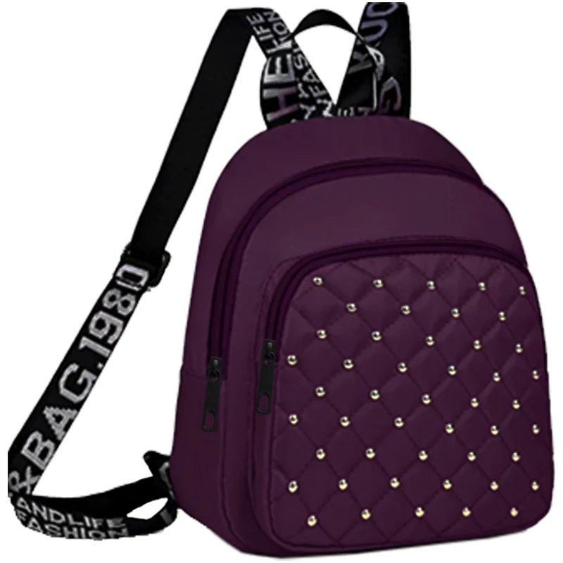 (bj1430-roxo) Mini Mochila Elegante Acolchoada Com Tachas, Interior Espaçoso E Alça De Ombro Estampada E Estilosa.