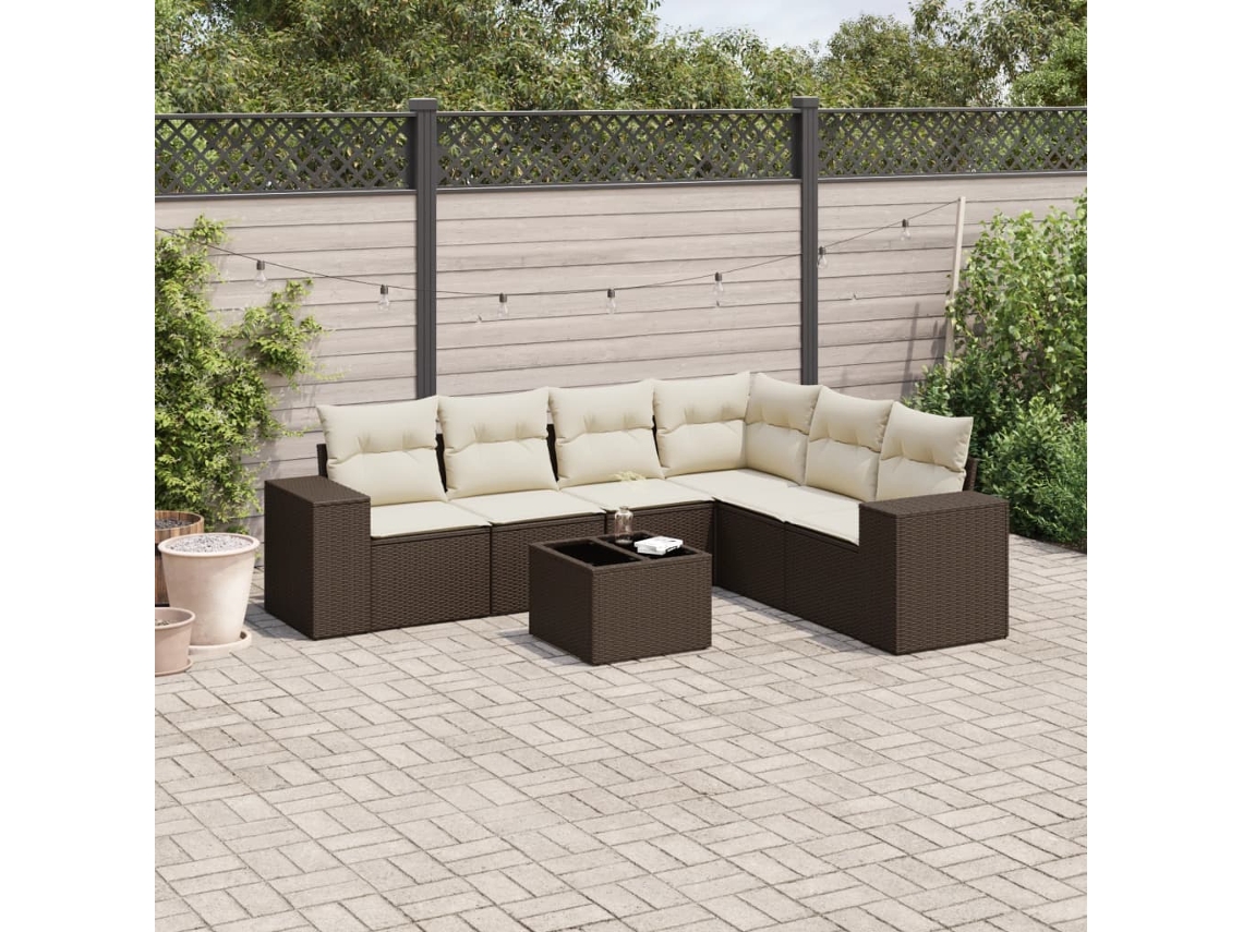 Vidaxl 7 Pcs Conjunto De Sofás Jardim C/ Almofadões Vime Pe Castanho