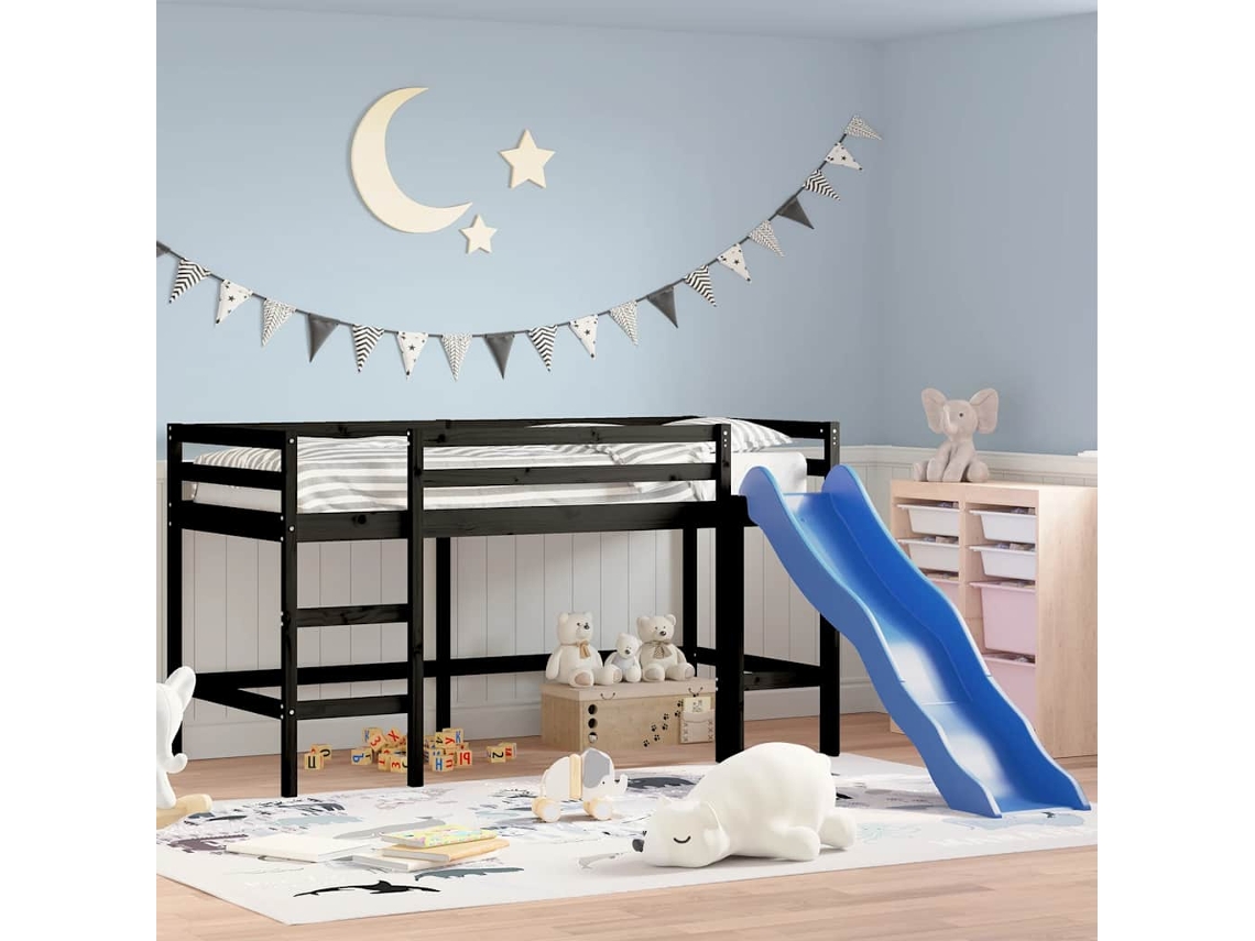 Cama Alta P/ Criança C/ Escorrega 90x190 Cm Pinho Maciço Preto