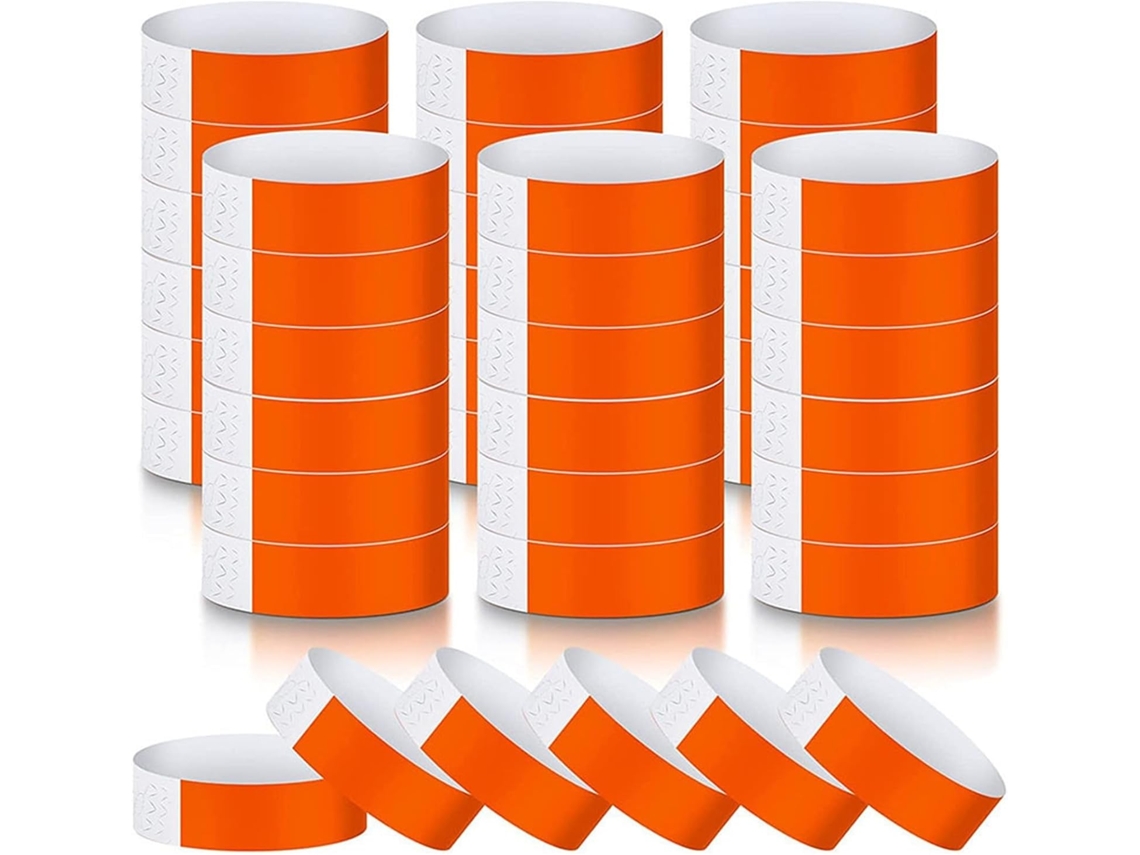 600 pulseiras neon impermeáveis com fecho adesivo para identificação de eventos e controle de convidados, cor laranja.