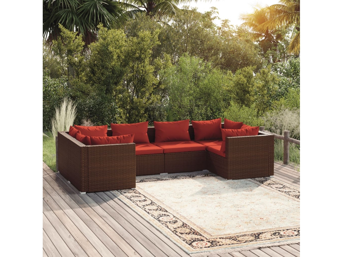 Vidaxl 6 Pcs Conjunto Lounge Jardim C/ Almofadões Vime Pe Castanho