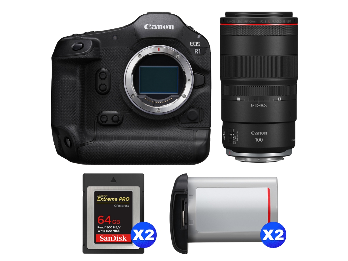 Eos R1 + Rf 100mm F/2.8 L Macro Is Usm + 2 Sandisk 64gb Extreme Pro Cfexpress Type B + 2 Canon Lp e19 + Ebook Pricedirect CANON