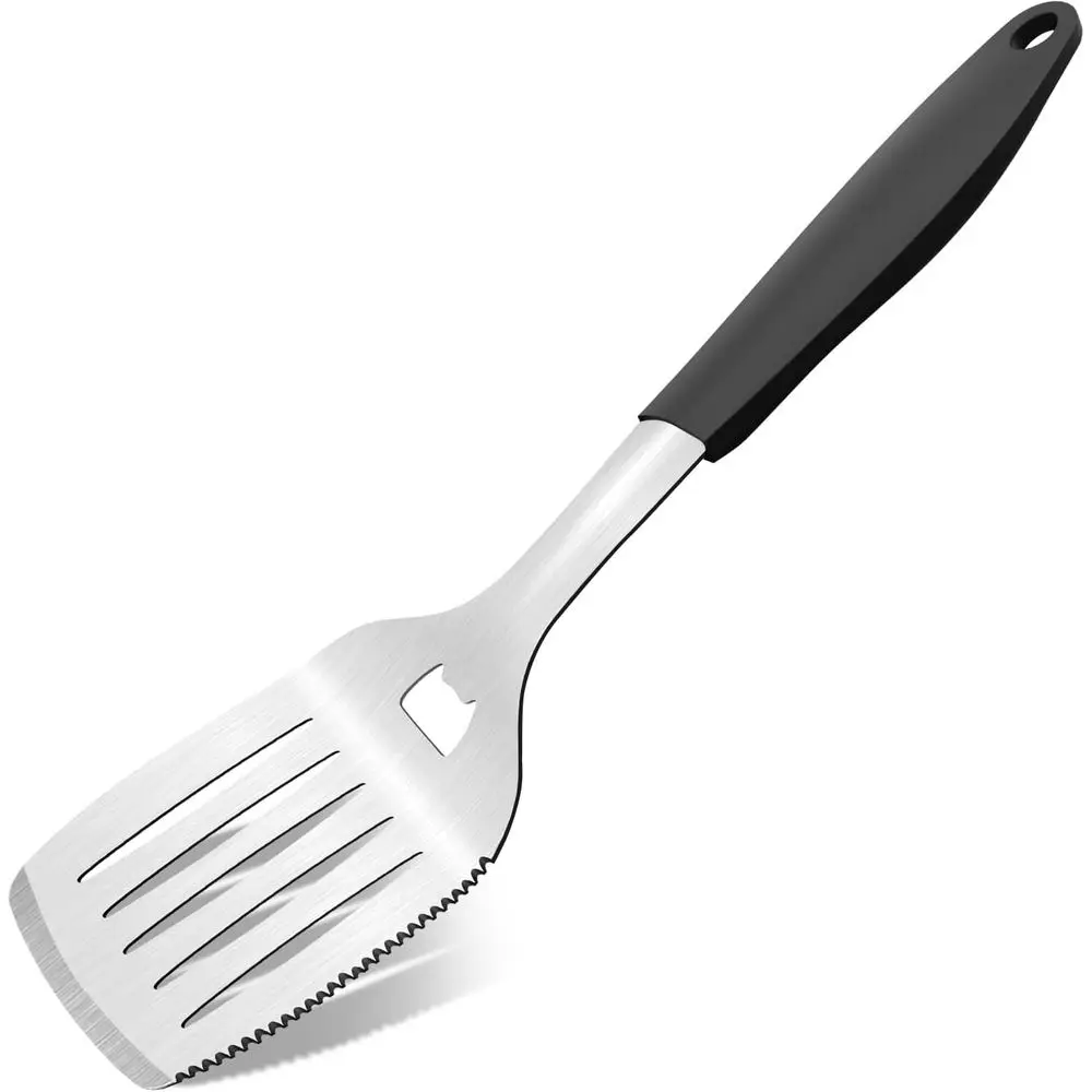 Espátula Para Churrasco Em Aço Inoxidável De 15,8 Polegadas: Espátula Metálica 3 Em 1 Com Cabo De Silicone E Borda Serrilhada Design Durável