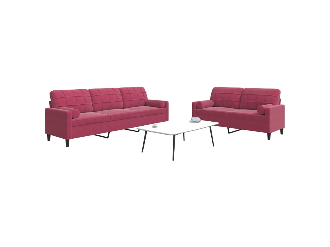 Vidaxl 2pcs Conjunto Sofás C/ Almofadões E Rolos Veludo Vermelho Tinto