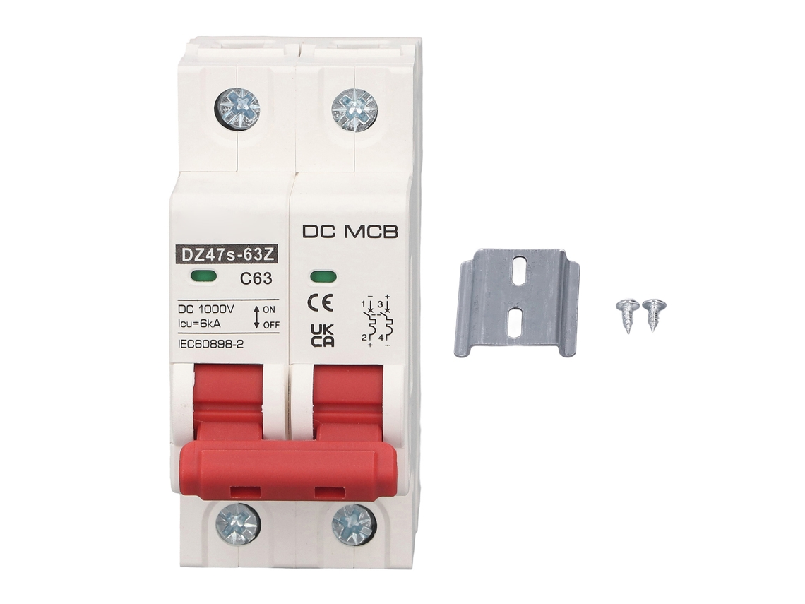Disjuntor CC Veloriskku 2P 63A 6kA 1000V para instalação de trilhos fotovoltaicos solares