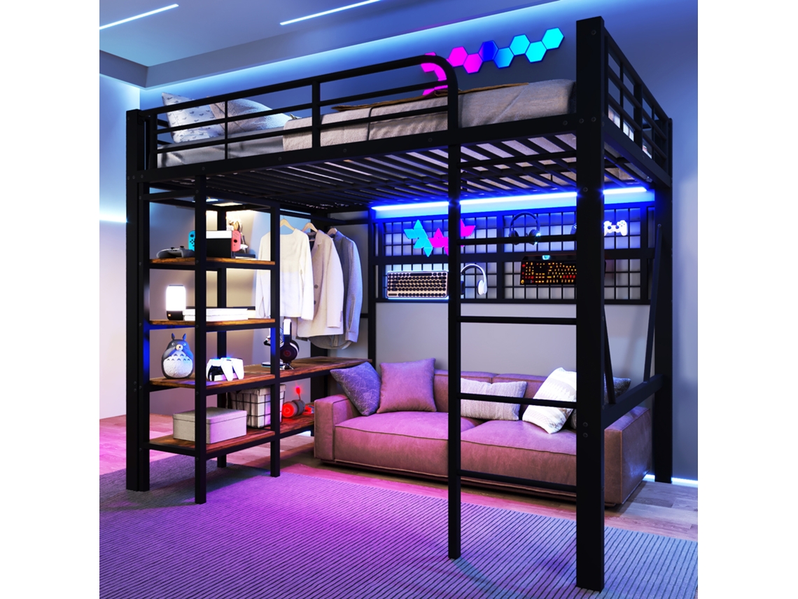 Cama Alta Preta 140x200 Roupeiro Led Espaço Inferior