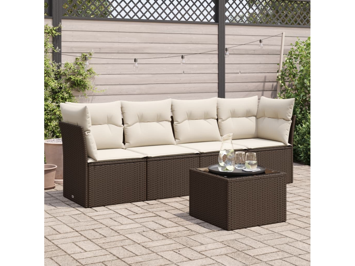 Vidaxl 5 Pcs Conjunto Sofás P/ Jardim C/ Almofadões Vime Pe Castanho
