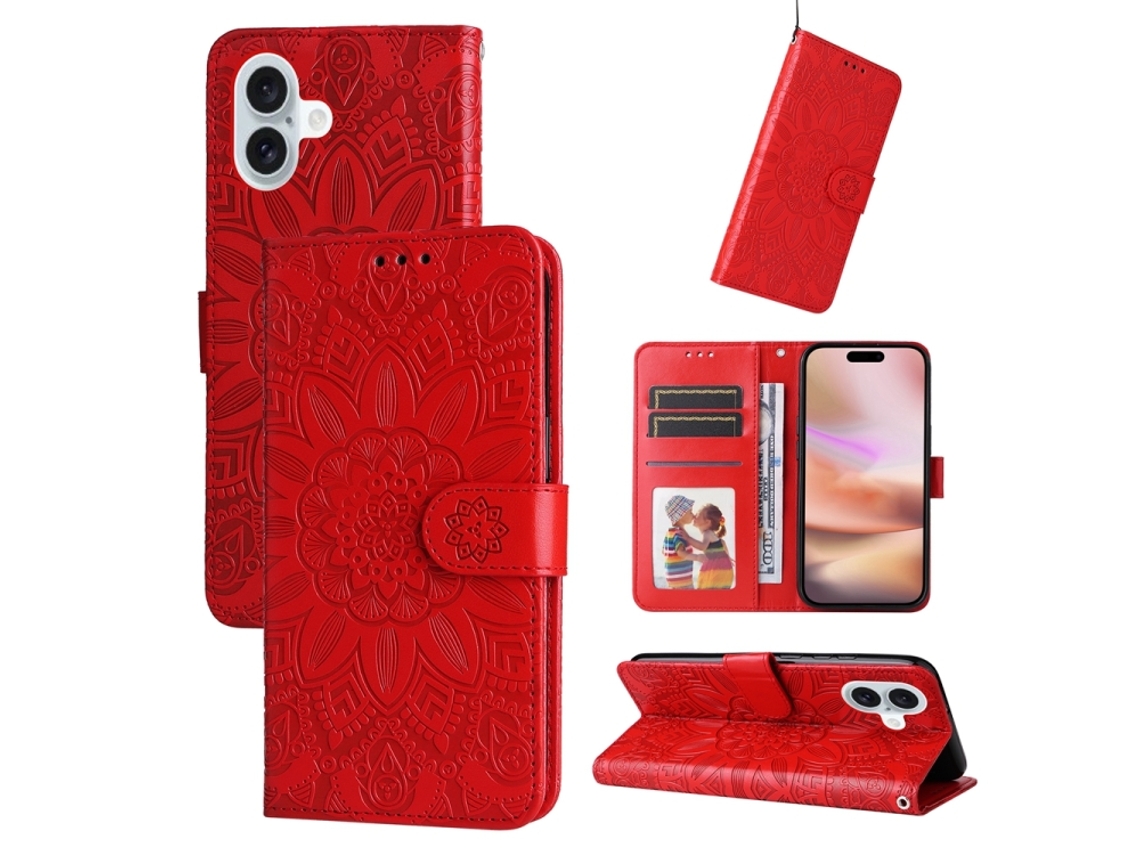 Capa De Couro Para Iphone 16 Plus - Estampa De Girassol Em Relevo