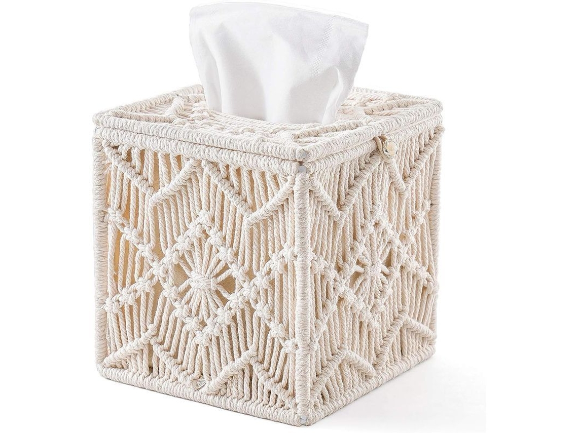 Nova Line capa para Caixa de Papel Higiênico Decorativa Boho de Algodão com Fecho de Pérola em Forma Quadrada