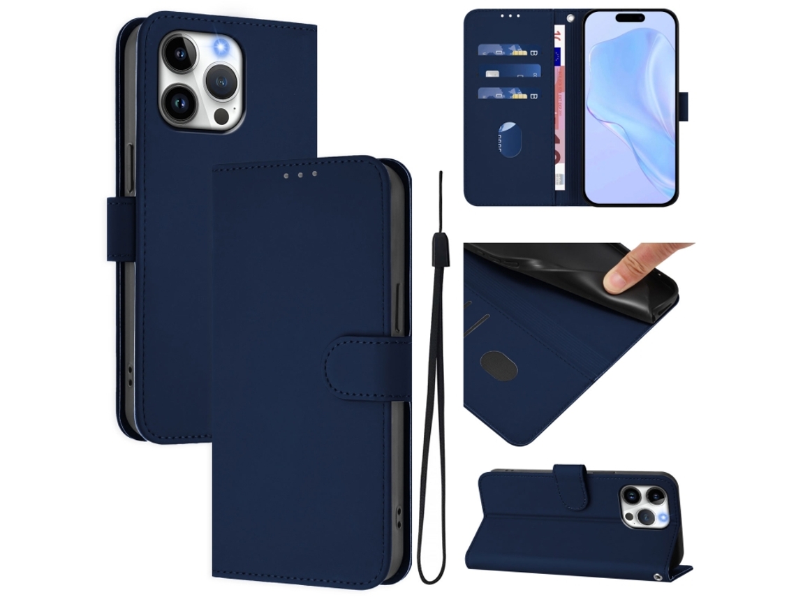 Capa De Couro Sintético Para Iphone 16 Pro Max - Toque Suave - Cor Sólida - Com Cordão