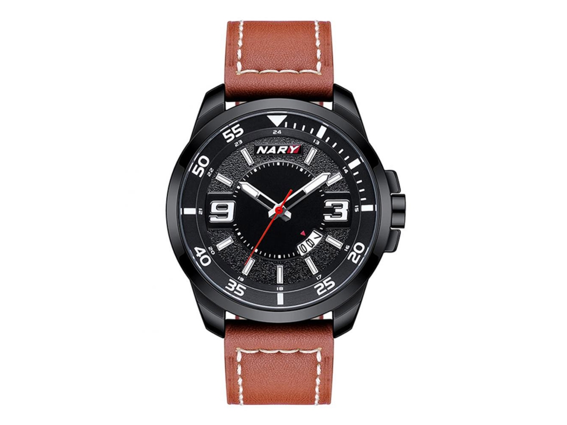 Reloj De Pulsera Hombre De Cuero Pu Calendario Cuadro Redondo Quartzo Marrón Negro