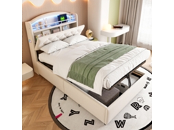 Cama infantil estofada em veludo, 90x200 cm, entradas LED e USB, espaço de arrumação, bege VSOGA