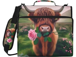 Organizador de bolsa com 3 argolas, design retrô de vaca e flor, zíper para data, à prova d'água e com carteira.