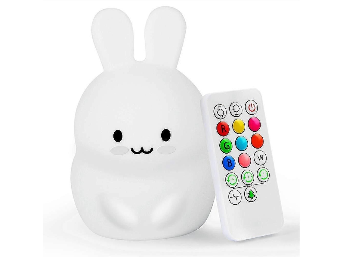 Omni lâmpada Noturna Suave para Crianças, Silicone, 7 Cores, Controle Remoto e Toque, Modos de Respiração e Piscar, Recarregável Via Usb Coelho